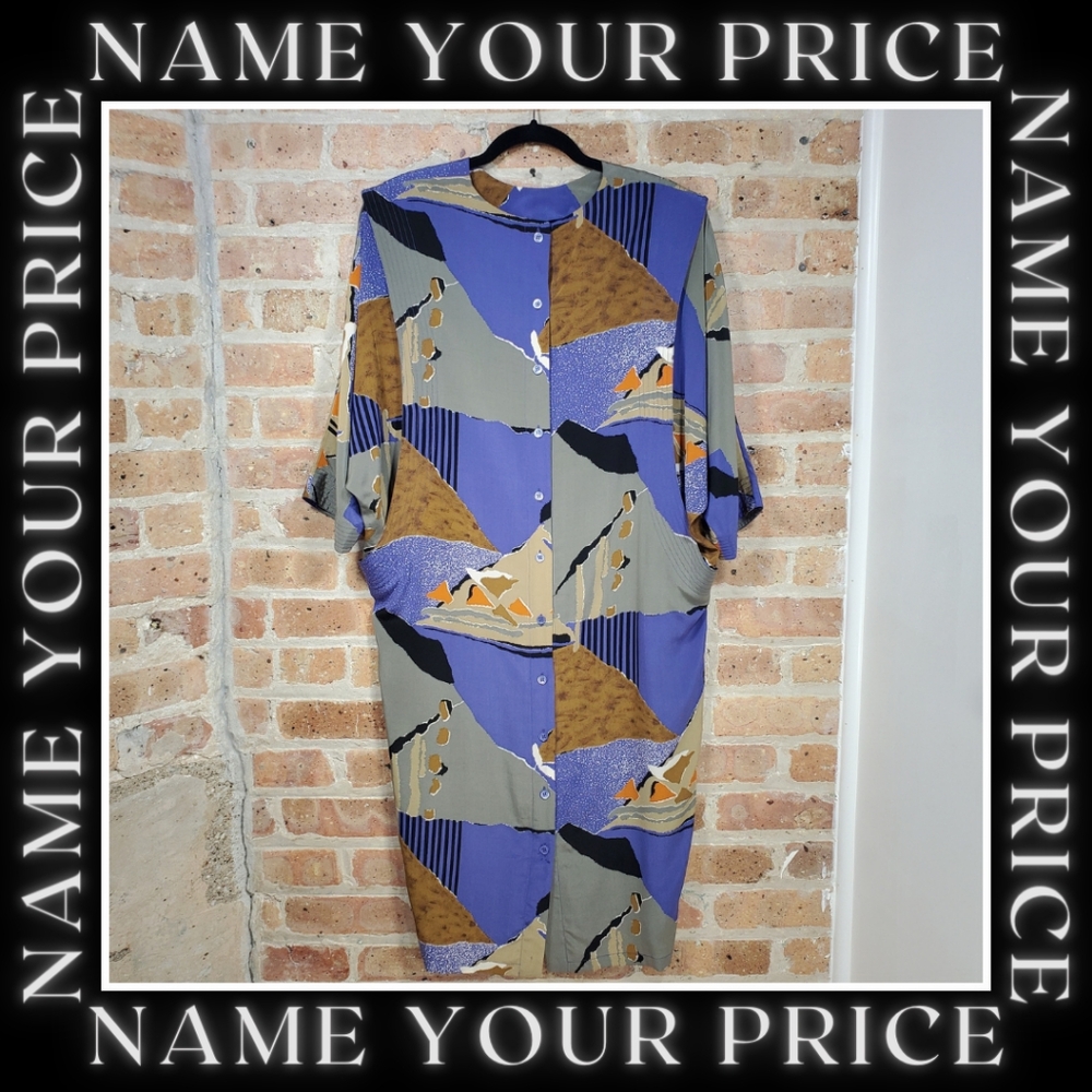 VTG 80's Multicolor 100% Silk Abstract Print Half Sleev Button Up Shirt Dress
